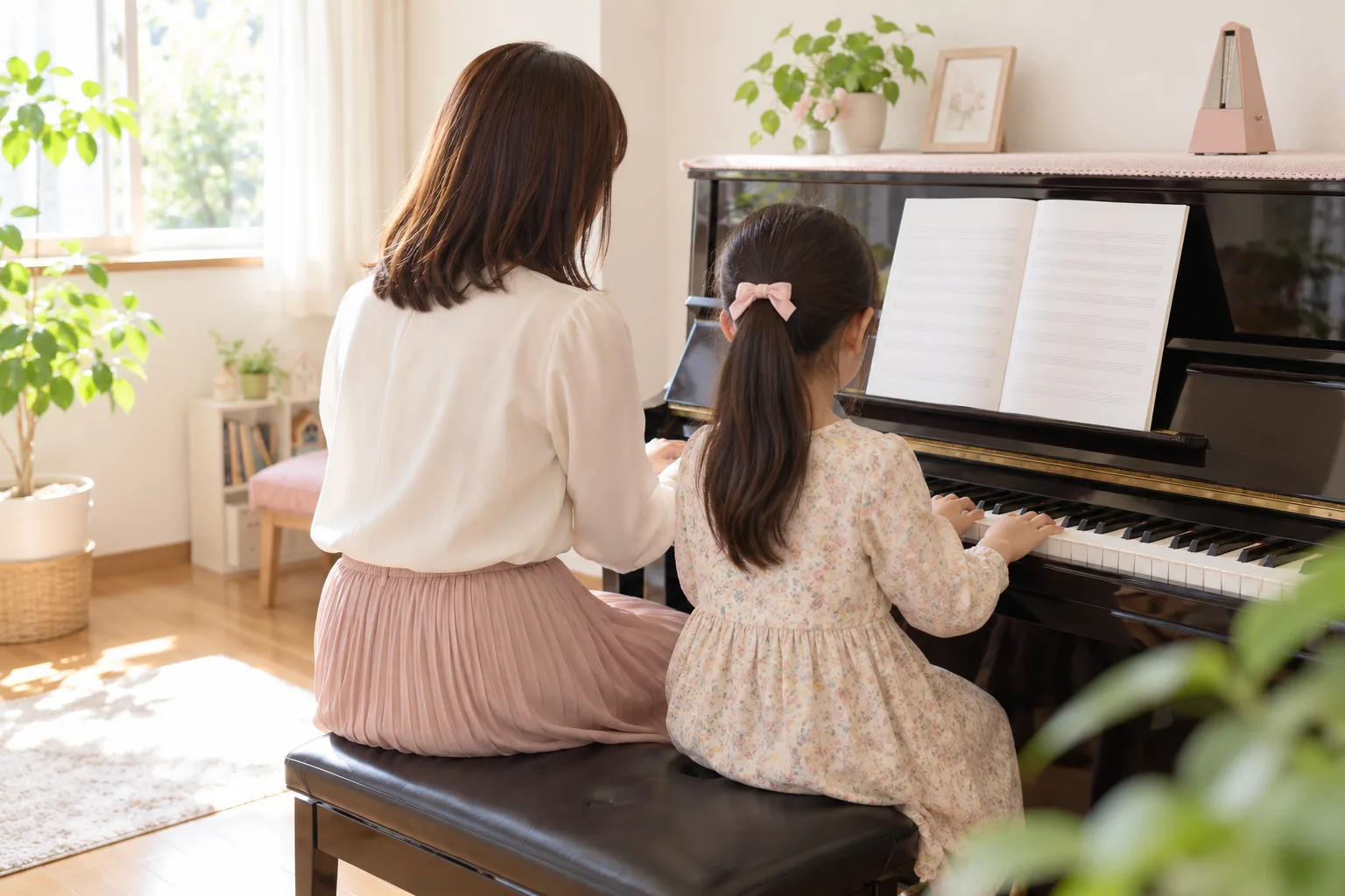 先生のとなりで、女の子がピアノを弾いている後ろ姿